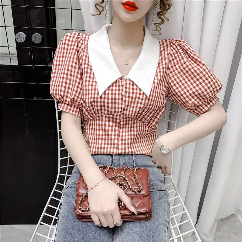 Cottagecore Crop Top Yellow Blouses Summer Kawaii Puff Sleeve Plaid Shirt Women Checkered French Retro Style 2023 Vintage