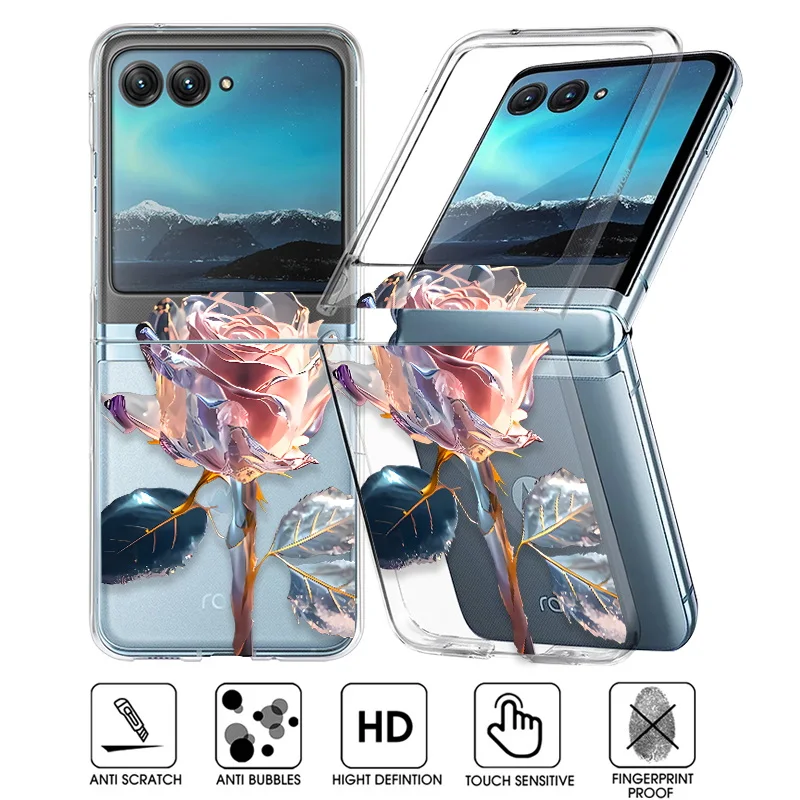 Floral Pattern Slim Folding Clear Phone Case For Motorola Razr 40 50 Ultra Razr40 Razr50 Shockproof Transparent Hard Back Cover