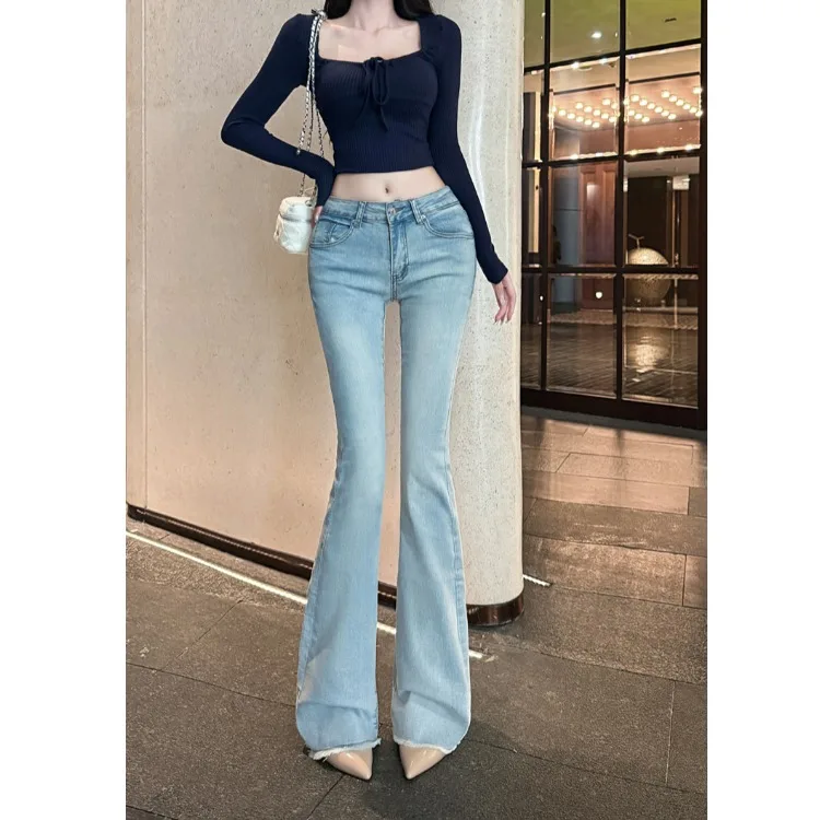Low Waist High Elastic Bell Bottom Jeans Women's Slim Fit Jeans Micro Flared Denim Pants High Stretch Frayed  Jeans
