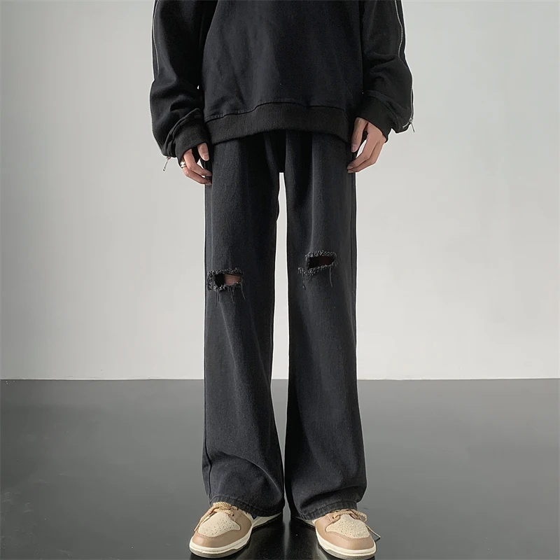 

Dark Style Men's Straight Leg Jeans Knee Hole Slim Fit Draping Long Pants Casual Trendy Youth Summer Jeans Loose Straight Tube