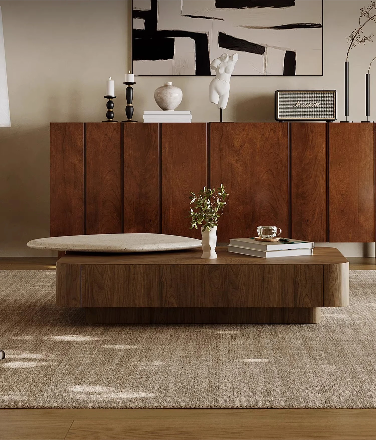 

Medieval style rotating coffee table combination square walnut leather natural stone luxury stone high-end home designer