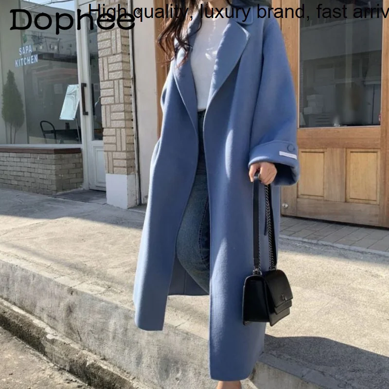 Autumn Winter High-end Woolen Women Temperament Lapel Belt Long Reversible Cashmere Coat Office Ladies Windbreaker Style