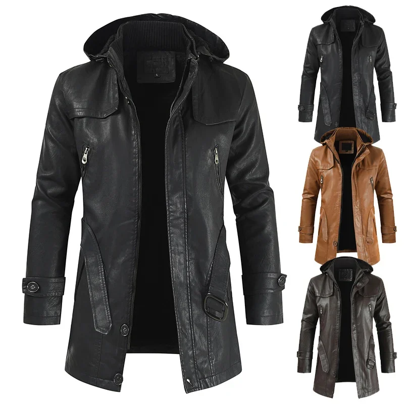 fashion Winter Korean Fashion Jacket Coat Windproof Clothes Men's Hooded Long Leather coat Men's Leather Motorcycle Leather