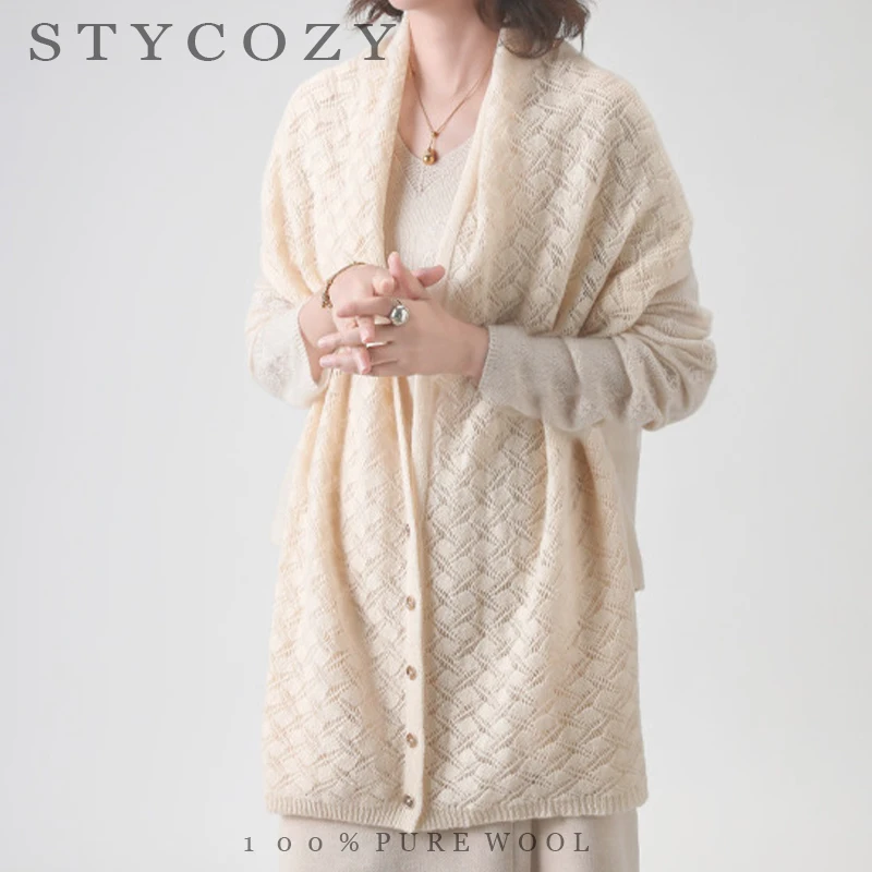 Ladies' 100% Wool Hollow Button Scarf Spring/Autumn Thin Knitted Shawl Scarf Dual-Use Air Conditioning Sweater For Warmth