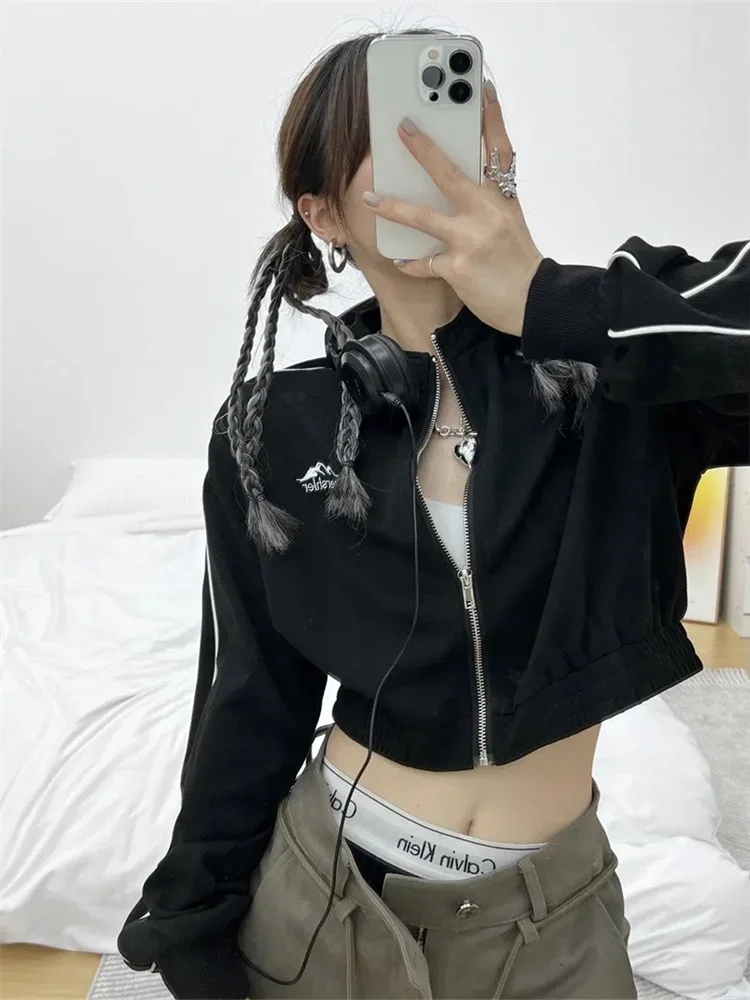 

QWEEK Y2K Vintage Zip Up Cropped Hoodie Women Korean Fashion Striped Black Jackets Female Kpop Egirl Harajuku Sweatshirt