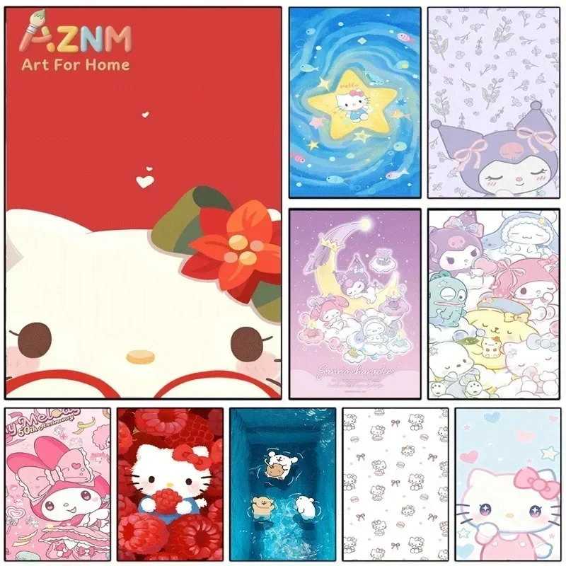 Hello Kitty Kuromi My Melody Canvas Poster Cute Sanrio Cartoon Print Unframed Canvas Art Red Floral Ocean Moon Star Sweet Kawaii