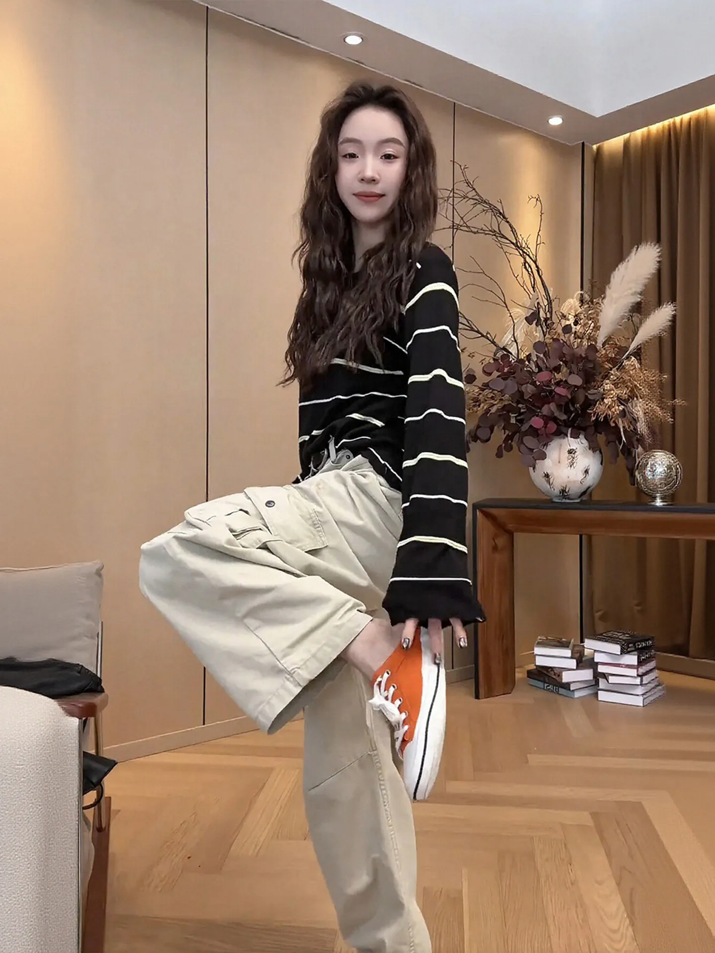 Spring Season plus Size Women's Striped Long Sleeve Top And Wide Leg Pants Set Casual Fashion Ensemble High Waist Trousers