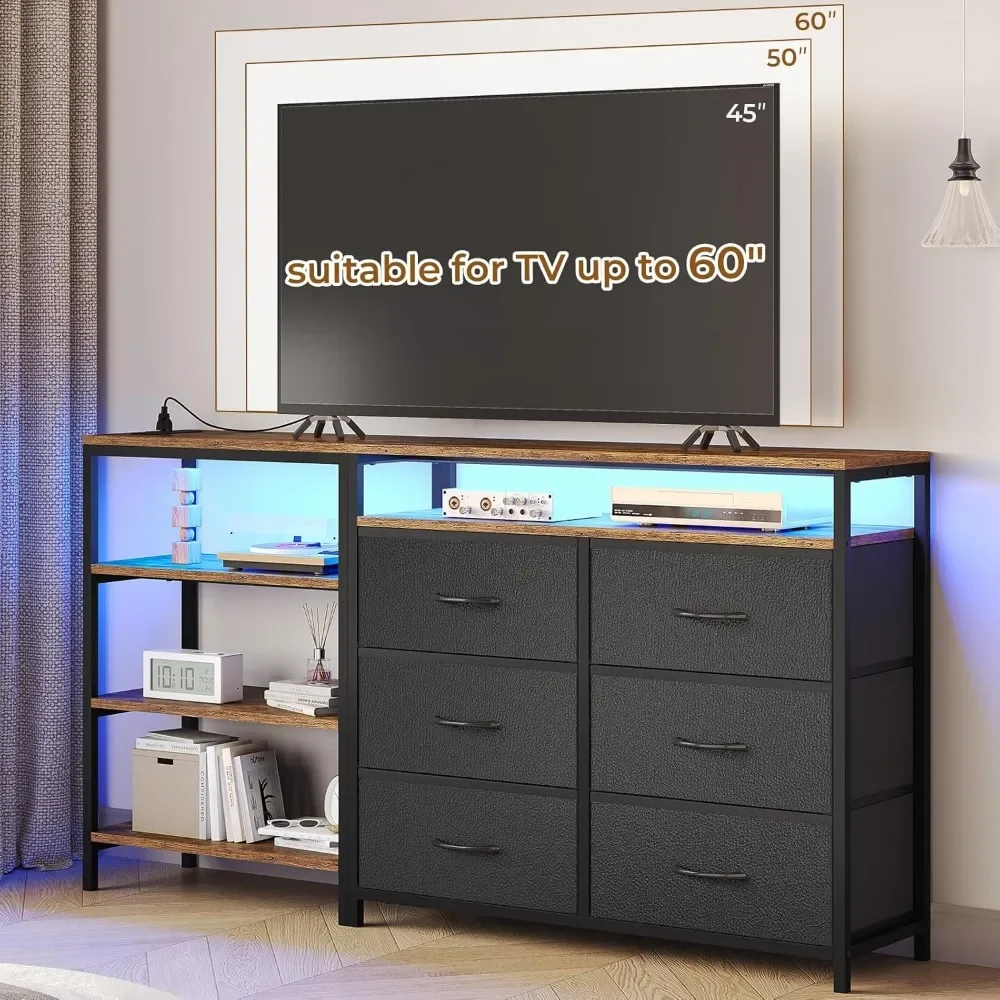 TV Stand Dresser Bedroom for 60 Inch TV with LED Lights & Charging Station, Changable L Shape Corner TV Stand for Living Room