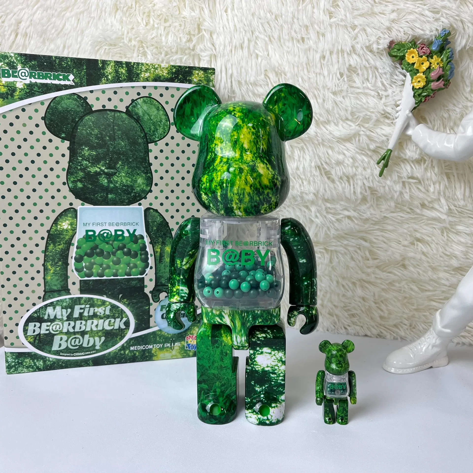 Bearbrick 400%+100% Forest Green Leaf Qianqiu Set Building Block Bear Advanced Version Joints Can Rotate Collectible Gift Doll