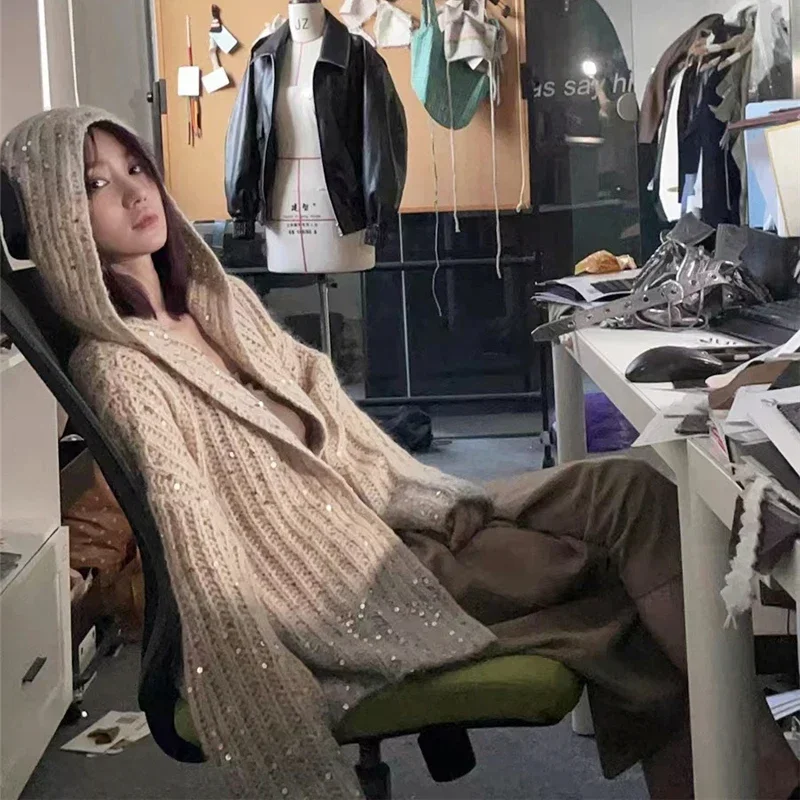 MEXZT-cárdigan de punto con capucha para mujer, suéter de lentejuelas, abrigo, ropa de calle de gran tamaño, prendas de punto coreanas, Tops holgados que combinan con todo