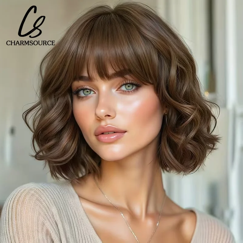 Chocolate Brown Short Curly Synthetic Bob Wigs for Women with Bangs Party Daily Cosplay Natural Look