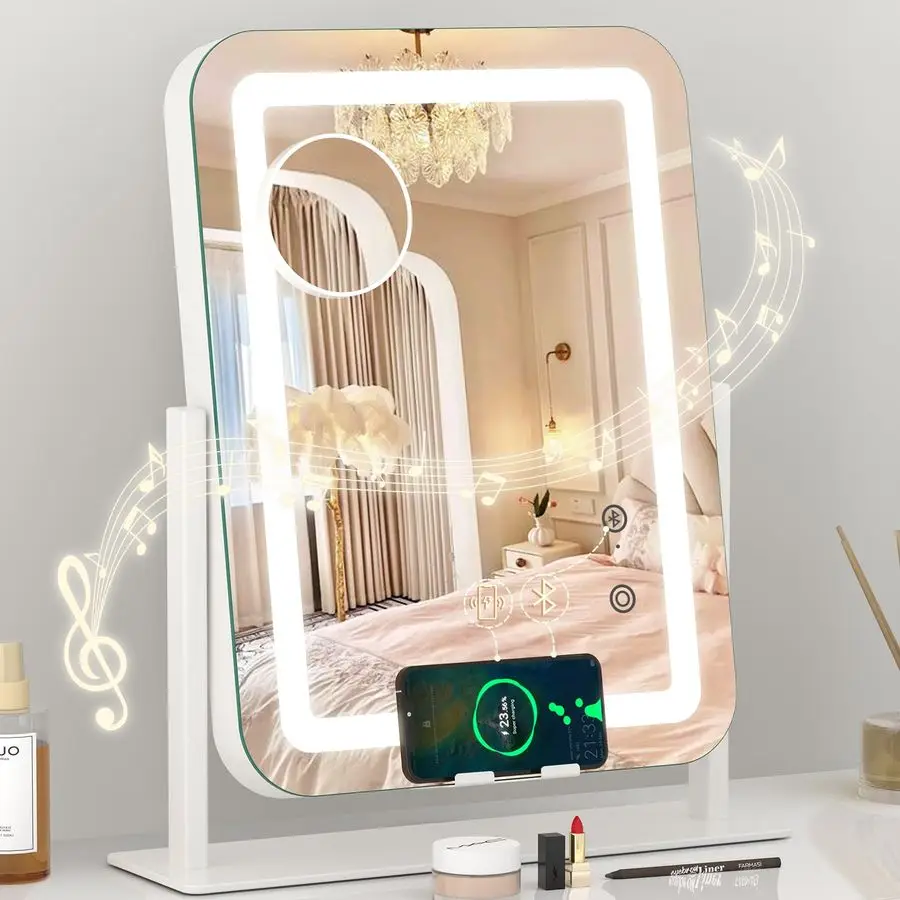 Miroir de maquillage éclairé par LED 15x12, avec chargement sans fil 12V 2A, haut-parleur Bluetooth, miroir de vanité de maquillage avec lumières, 3 couleurs Dimmab