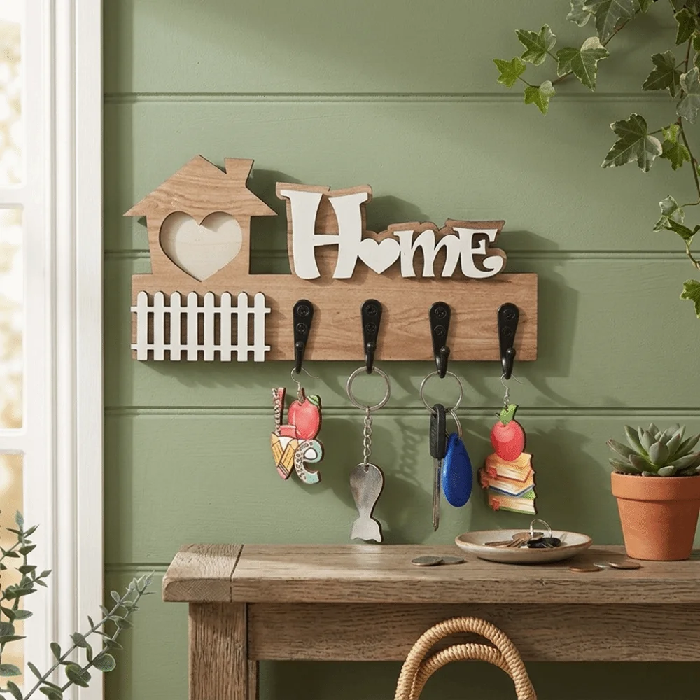 Creative 4 Hooks Wooden Key Hook Vintage Rustic Key and Accessory Hanger Decorative Wall-Mounted Key Holder Apartment