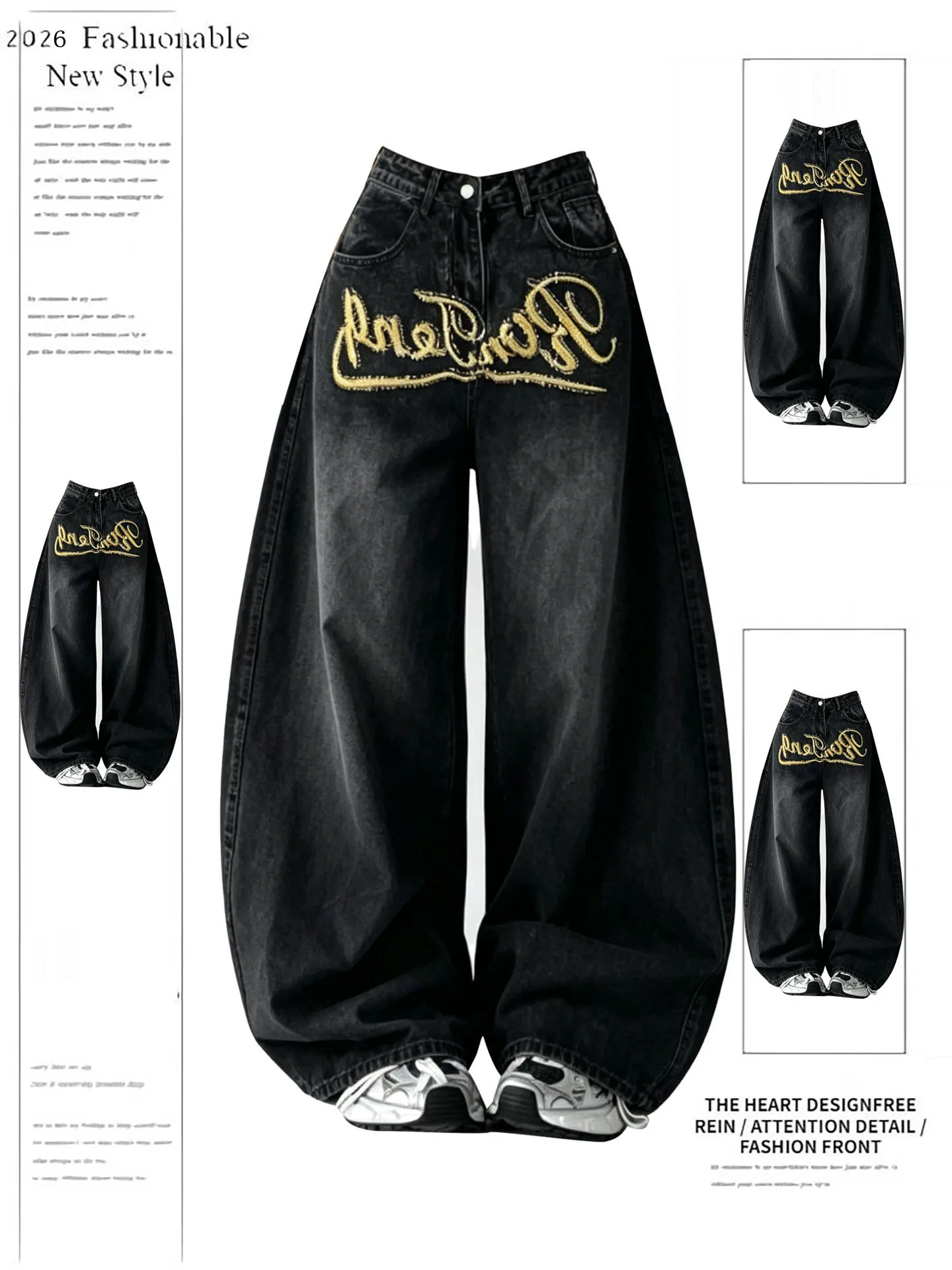 

Retro High Waist Wide Leg Jeans Women's Casual Floor-Length Knife Embroidery Design Rhinestone Denim Pants Loose Fit