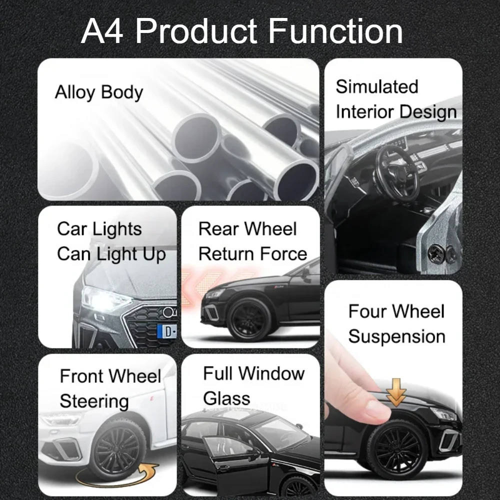 1:32 RS7 A4 Model Car Toy Alloy Diecast High Simulation Sound Light Pull Back Vehicles Models for Kids Collection Birthday Gifts