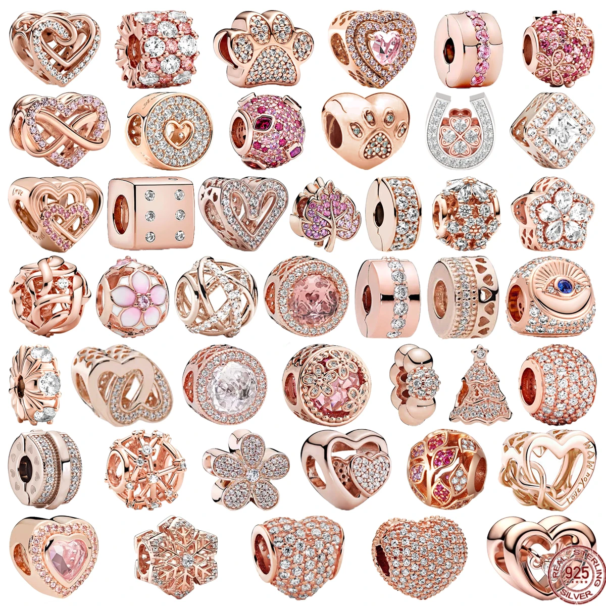 Rose Gold Plated Sparkling Snowflake & Entwined Hearts Pavé Charm Bead Fit Original Pandora Silver 925 Bracelet DIY Jewelry Gift