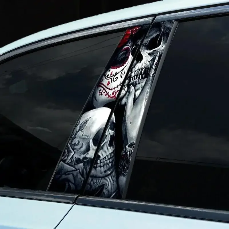 A Pair of Gothic Skull Couple B-Pillar Stickers Set, High-Quality PVC, Sun Resistant, Instantly Transform Your Car Look