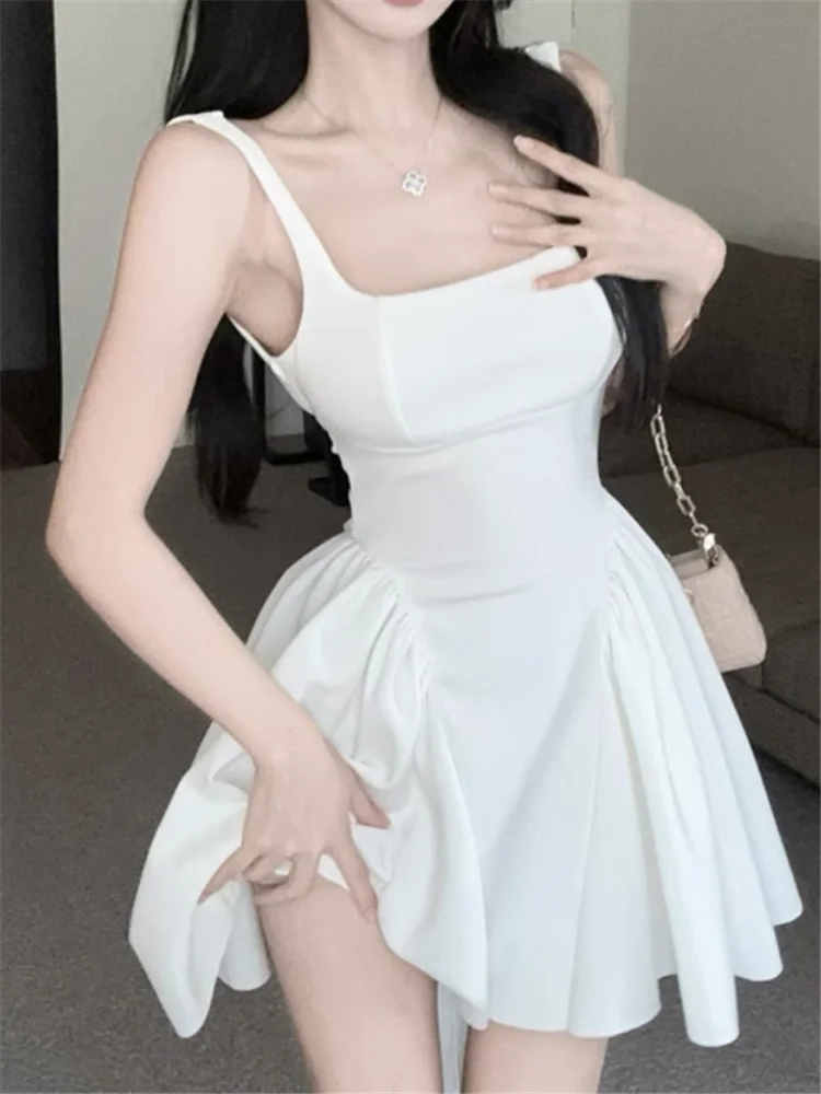 

Fashion Square Collar Suspender Straps White Mini Dress Sexy Backless Bow New Summer Sleeveless Slim A Line Tank Dress Vestidos