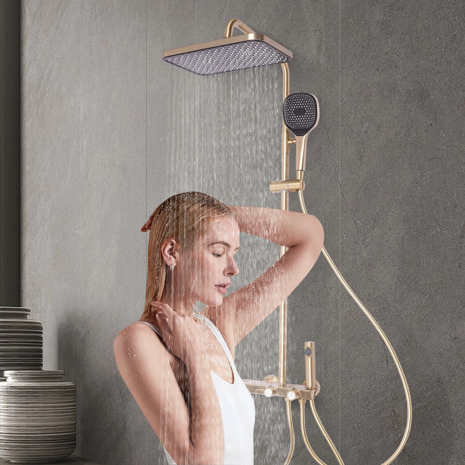 Thermostatisches Duschset, mit Kopfbrause und Handbrause, wandmontiertes, verstellbares Duschset für Hotels und Privathaushalte, G1/2-Anschluss – Detail 6