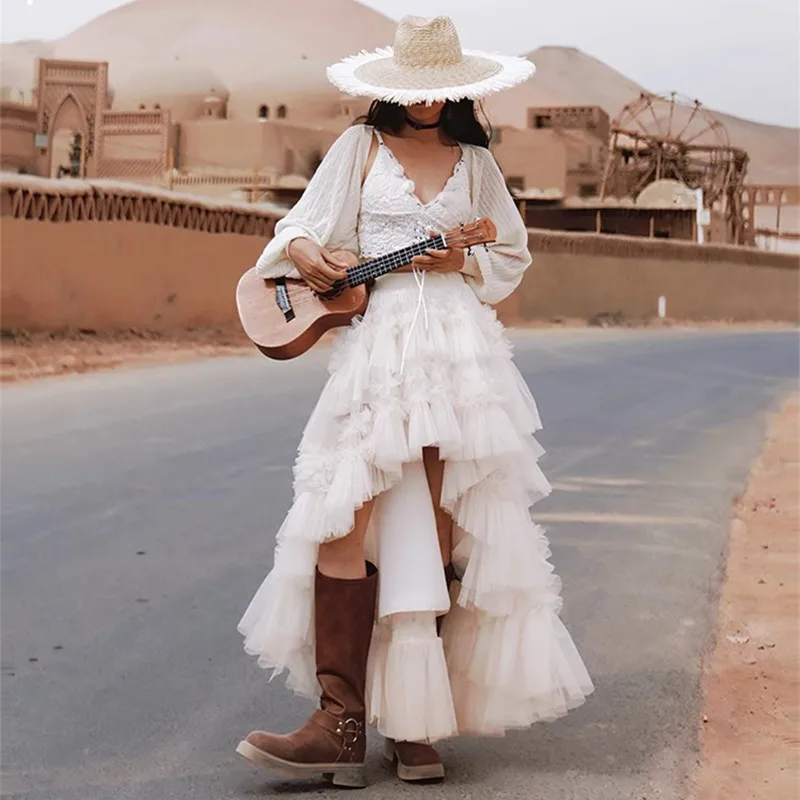 62-84cm 허리 여름 스커트 여성 로맨틱 럭셔리 연꽃 잎 가장자리 메쉬 버블 스커트 짧은 전면 긴 후면 불규칙한 케이크 스커트