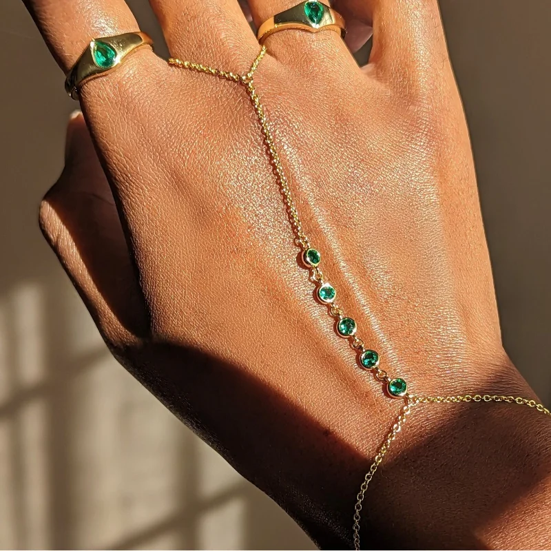 Emerald Flicker Gold Hand Chain Bracelet, Diamond Ring Bracelets, Indian Bridal Wedding, Jewelry Bohemian, Slave bracelet dainty