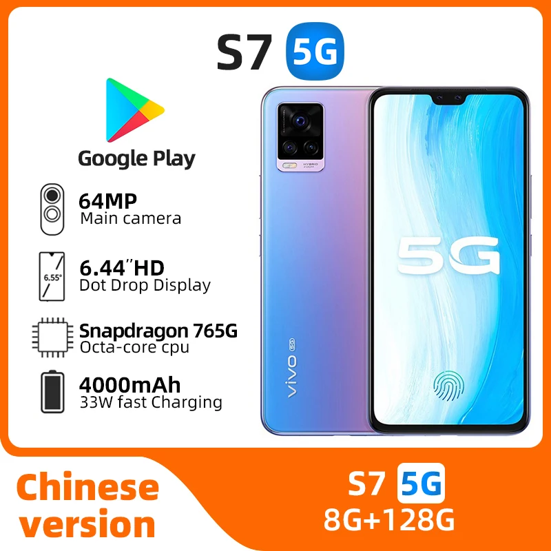 Vivo S7 5G Smart Phone Screen Fingerprint Face ID 64.0MP Snapdragon 765G 4000mAh 33W Super Charger 6.44" 60HZ OTA NFC used phone