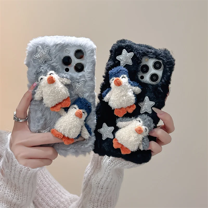 

3D cute plush Penguin Star Star Phone case iPhone 14 13 12 Pro 16 15 Pro Max Shockproof soft silicone cartoon Boy Girl