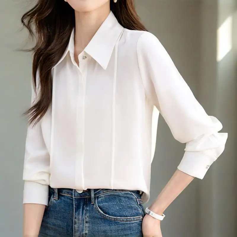 بلوزة بيضاء أنيقة بأكمام طويلة قابلة للطي للنساء ملابس عمل مكتبية قمصان شيفون قطع علوية أساسية بلوزة نسائية عصرية 2025 Blusas Mujer #2