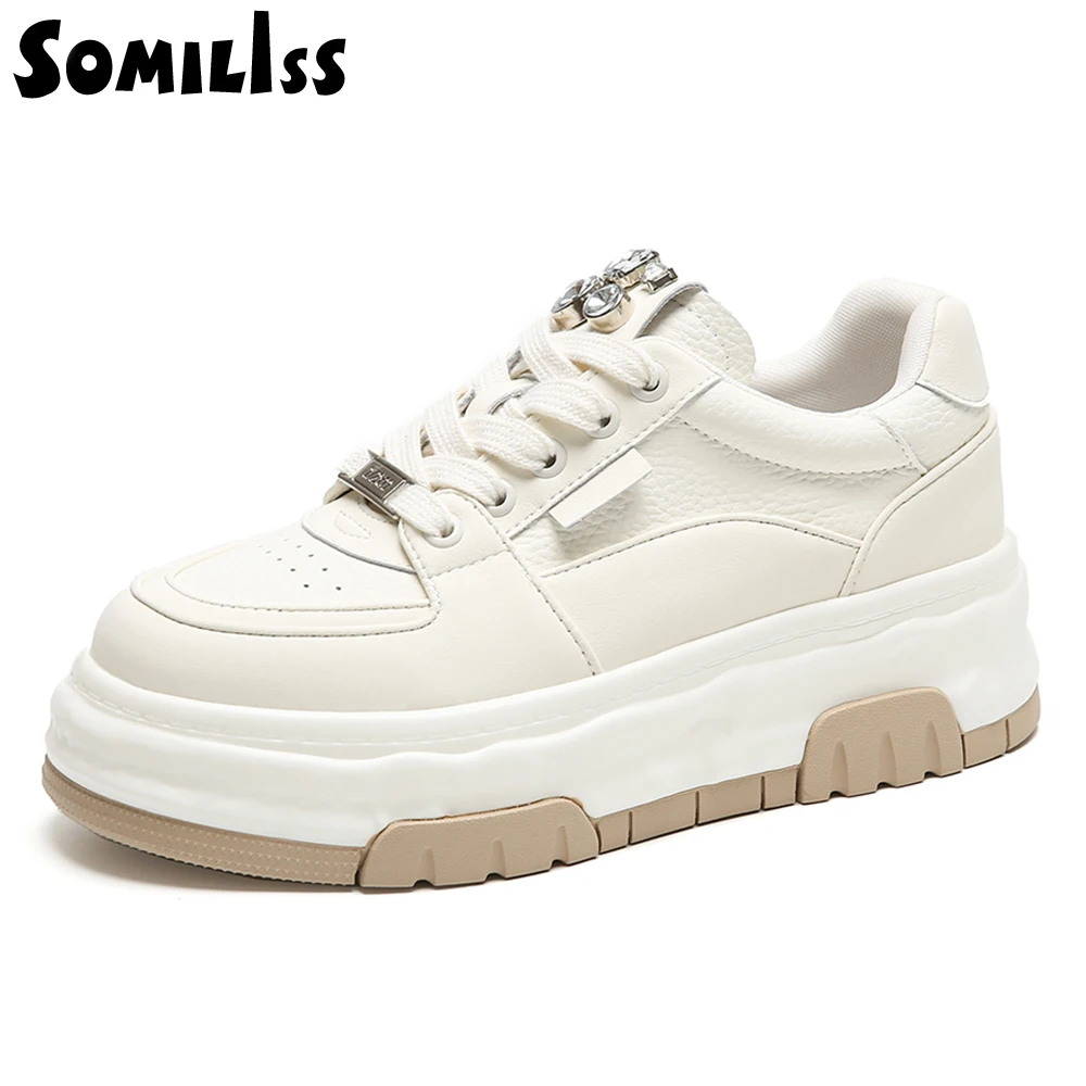 SOMILISS Womens Platform Sneakers Genuine Leather Diamond Design Ladies Autumn Fashion Chunky Casual Sneakers Shoes Handmade