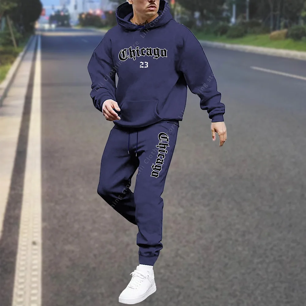 Men's Sets Hoodies and Sweatpants CHICAGO Gothic Letter Print High quality Jogging Suit Streetwear Sportswear Man Tracksuit New