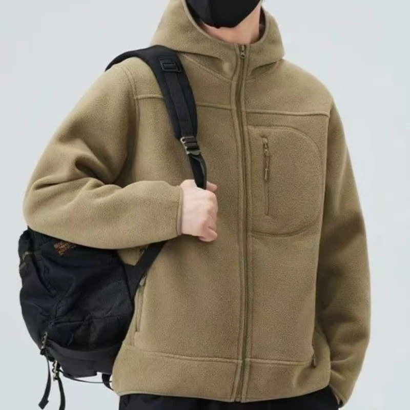 Men Full Zip Fleece Jacket with Zipped Pockets Warm Sports Running Hooded Coat Outdoor High-quality Windproof Casual Jackets