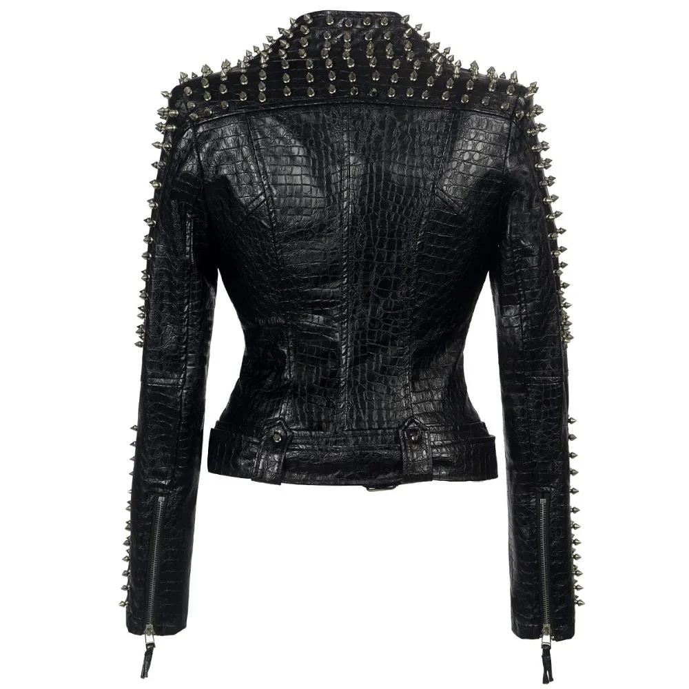 

Occident Fashion women Club hot style Stud slim fit jacket shoulder rivets zip stitching short PU leather rock coat