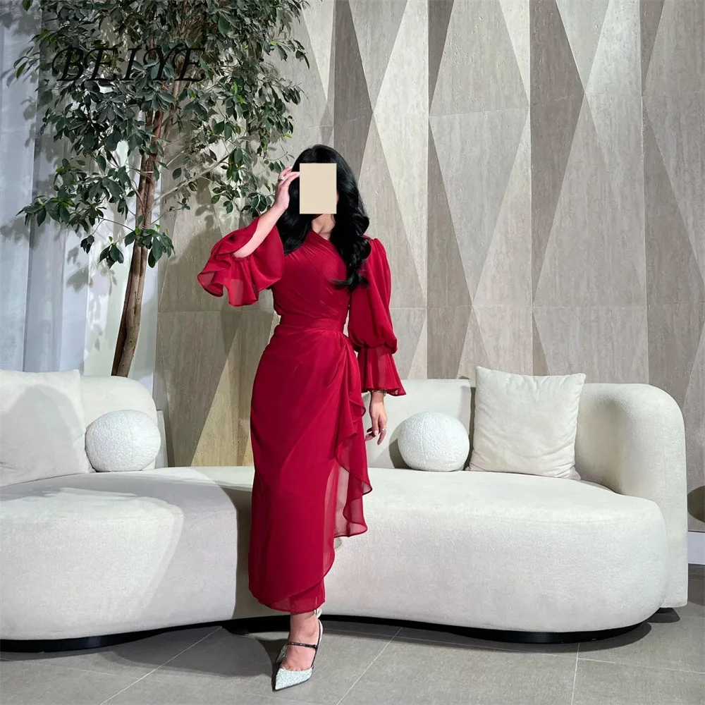 

BEIYE Classic Red Sheath Evening Dresses Women Long Sleeves V-Neck Pleat Ankle Length Prom Dress Formal Party Gown Customized