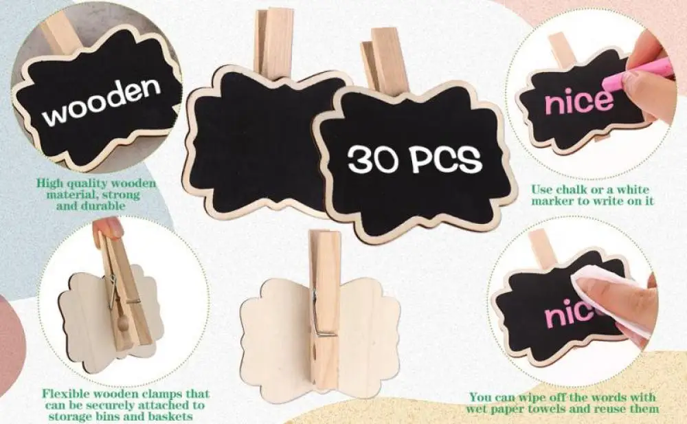 10Pcs Wood Chalkboard Signs with clip Message Board Signs, Labels Clips for Weddings Birthday Party Decoration Reusable