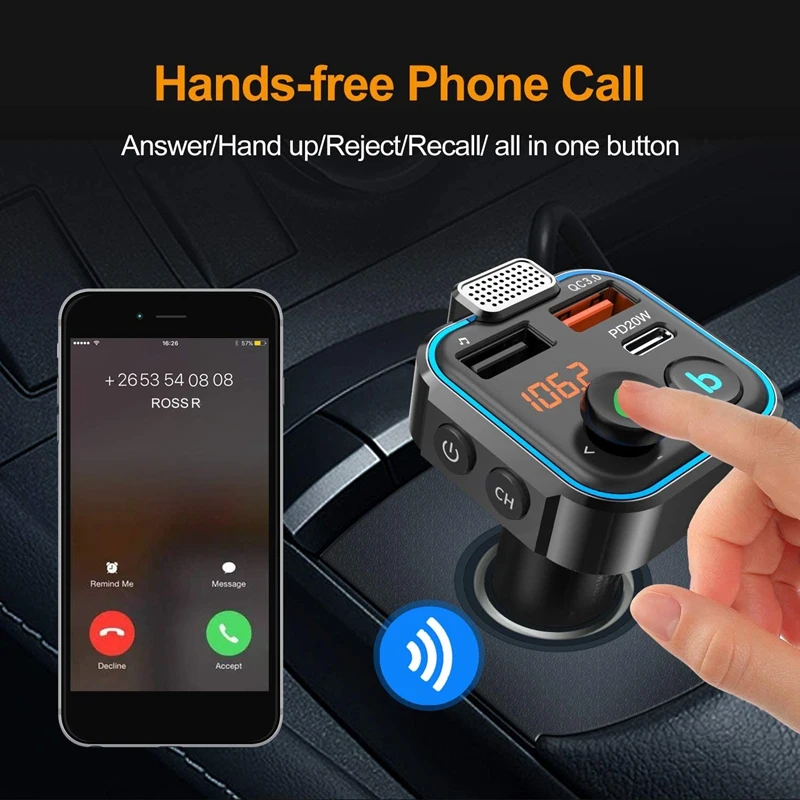 Car FM Transmitter Adapter Bluetooth 5.0 MP3 Player Wireless Handsfree Type-C PD 20W+ QC3.0 Fast USB Charger