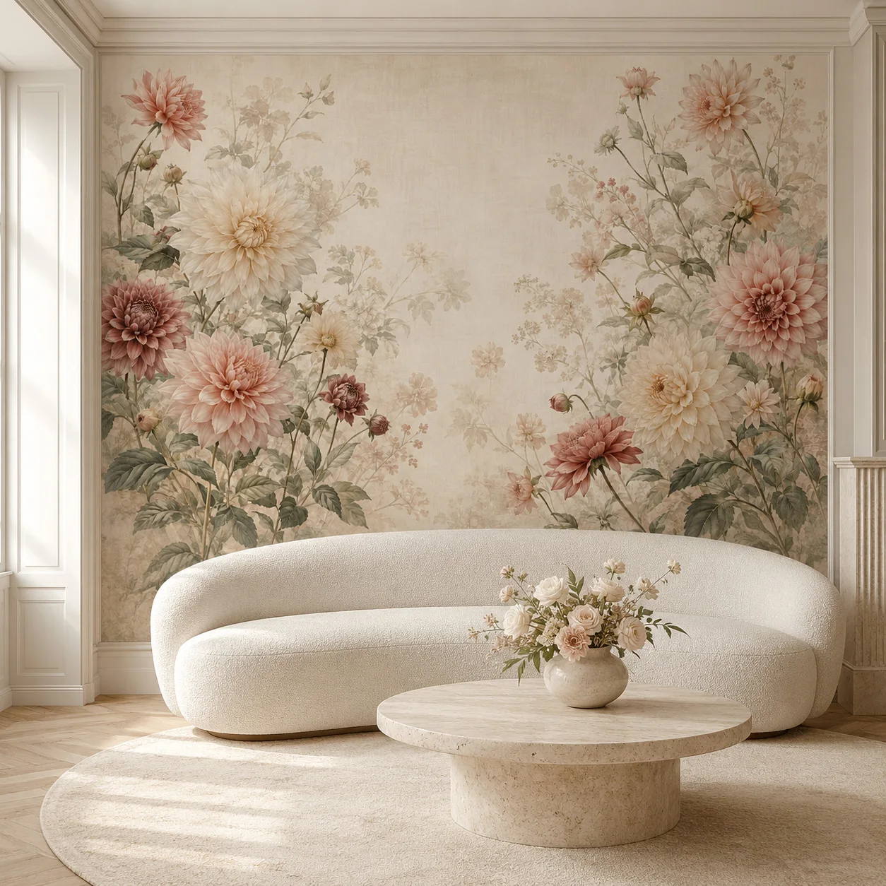 Vintage Dahlia Floral Wallpaper Mural Beige Pink Botanical Wall Art Luxury Bedroom Decor Non Self Adhesive Glue Required