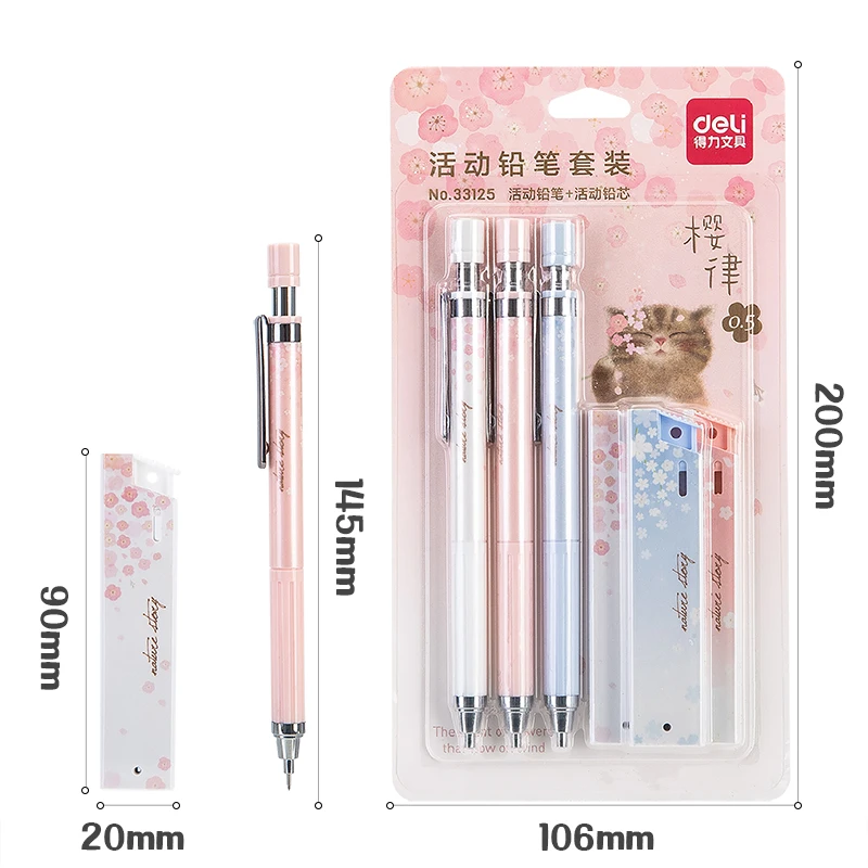 Deli Mechanical Pencil Set with HB Lead Replacement Retractable Pencils Refill Sakura Theme Korean Style Students Stationery