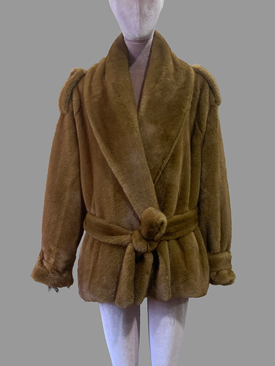 Nerazzurri Autumn Winter Brown Thick Warm Faux Mink Fur Coat Women Shawl Collar Sashes Elegant Luxury Chic Fluffy Jacket 2026