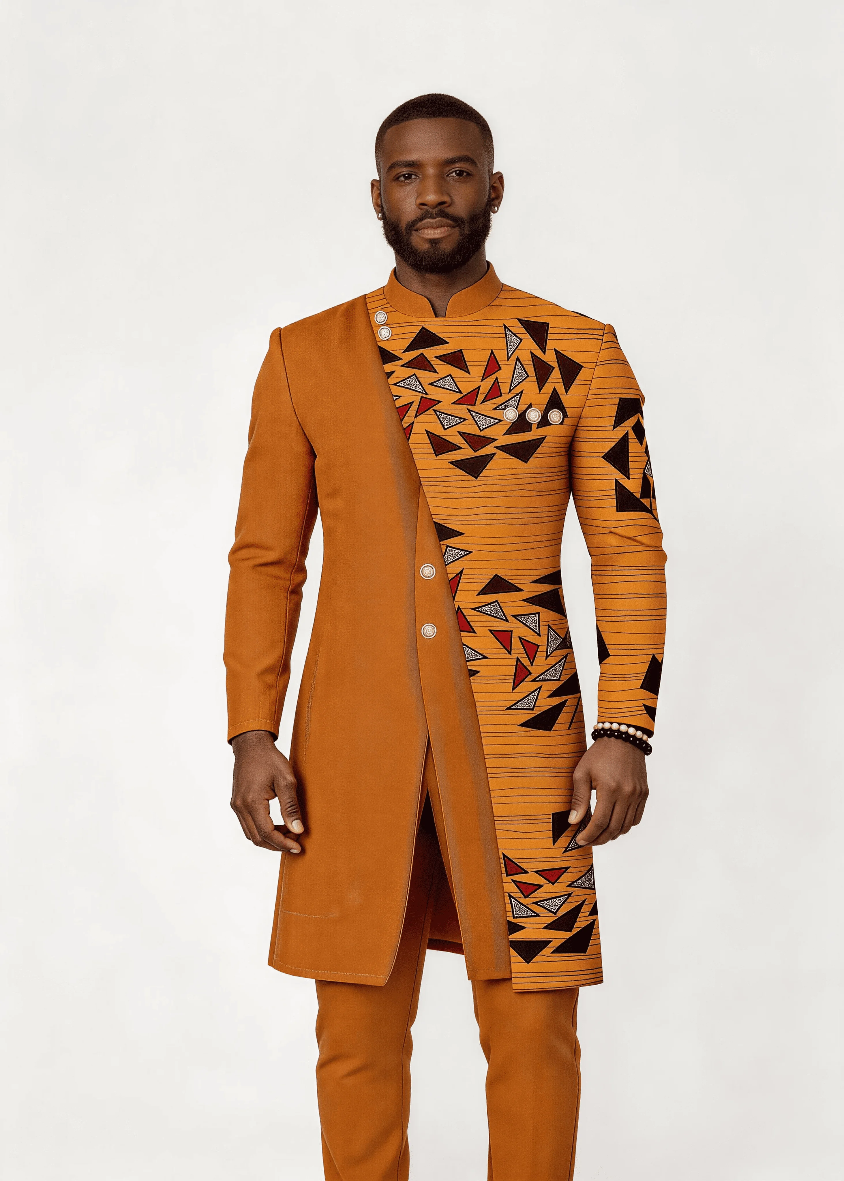 

Men’s Caramel Solid & Tribal Triangle Print Patchwork Formal Wear Set Stand Collar 2 Piece Wedding Groom Tunic Jacket & Pants Pr