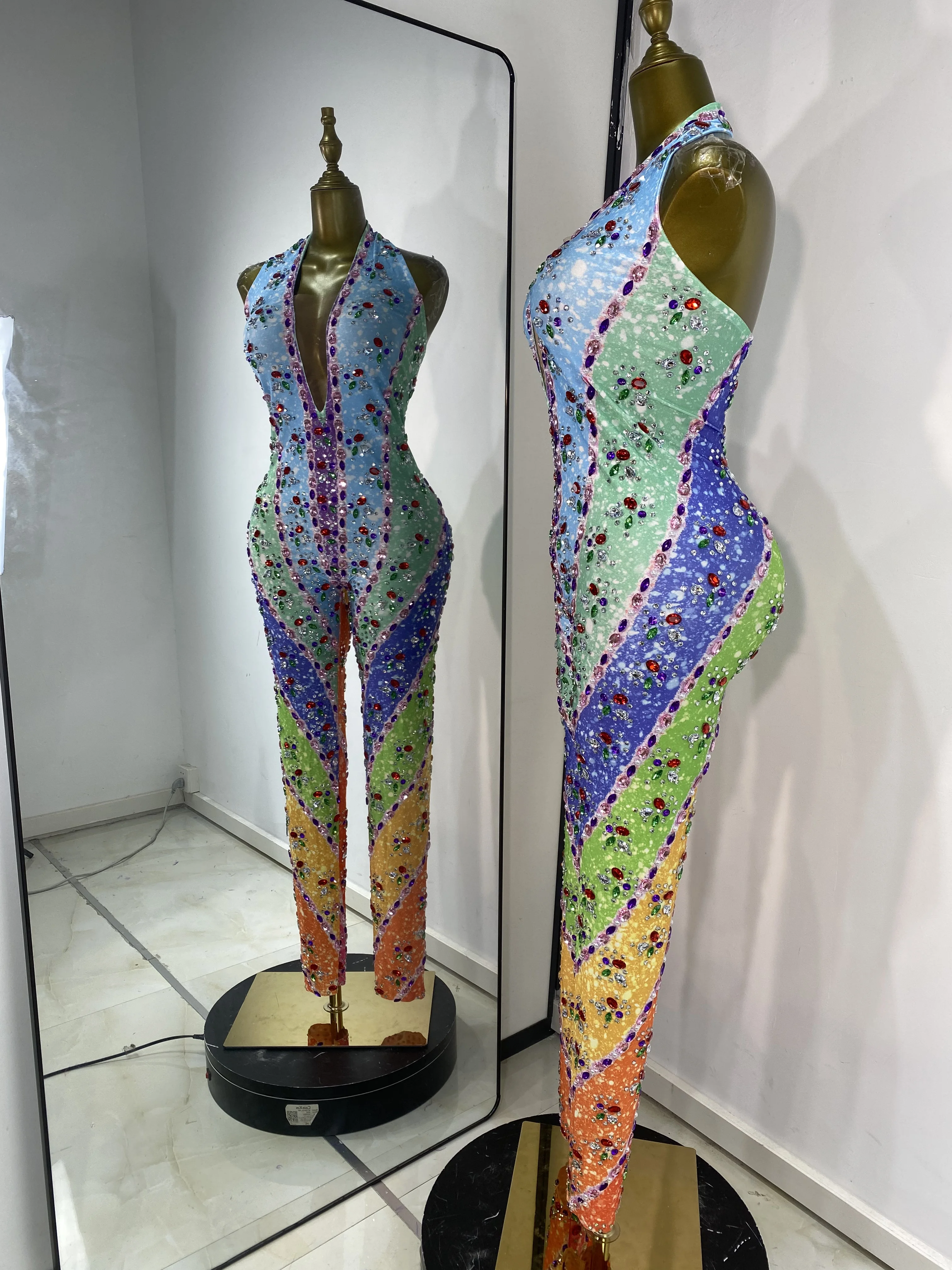 Tute aderenti con scollo all'americana stampate con strass scintillanti Donne Occasioni speciali DJ Gogo Nightbar Serata Club Costumi da festa