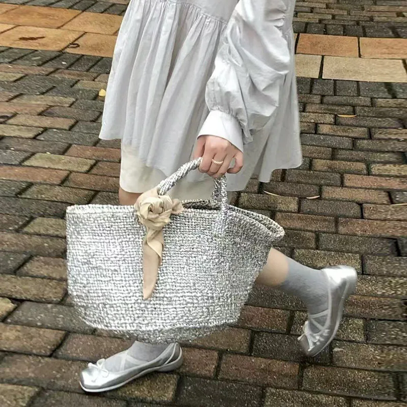 

Silver Woven Beach Bags for Women Handbags Large Capacity Basket Bag Vacation Travel Straw Shoulder Bag Shopper Tote Clutch NEW