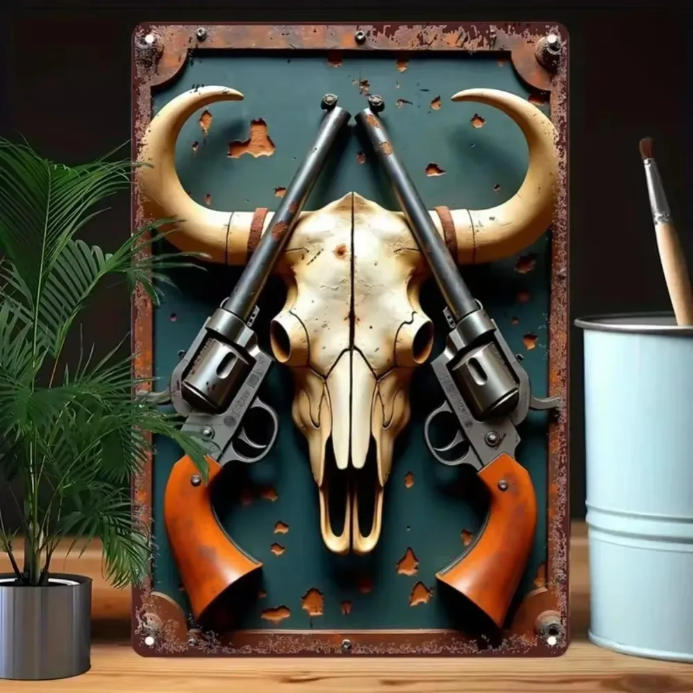 Stylish Rustic Metal Sign Featuring Cowboy Skull and Revolvers: Vintage Charm to Elevate Garden Party and Bar Interiors