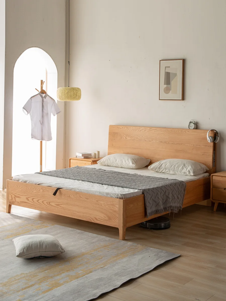 

North American red oak suspended bed solid wood high air pressure double b ed Nordic Japanese master be d solid wood b ed