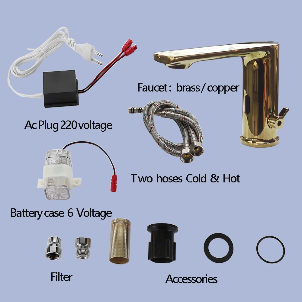 

Golden Color Automatic Touchless Basin Faucet ,Brass Body Material ,Mixer Water Cold & Hot, Ac 220 Voltage & Dc 6 Voltage