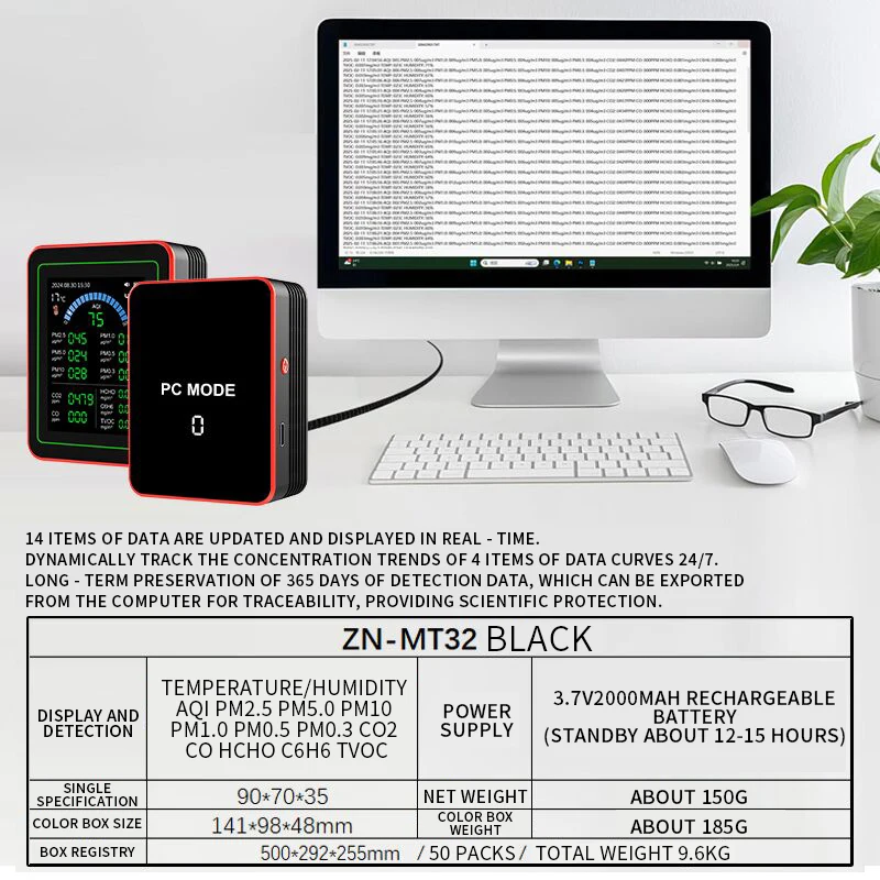 18 In 1 Professional Air Quality Detector Indoor Real-Time Air Detector TFT Display Air Quality Meter for Home Hotel Office Car