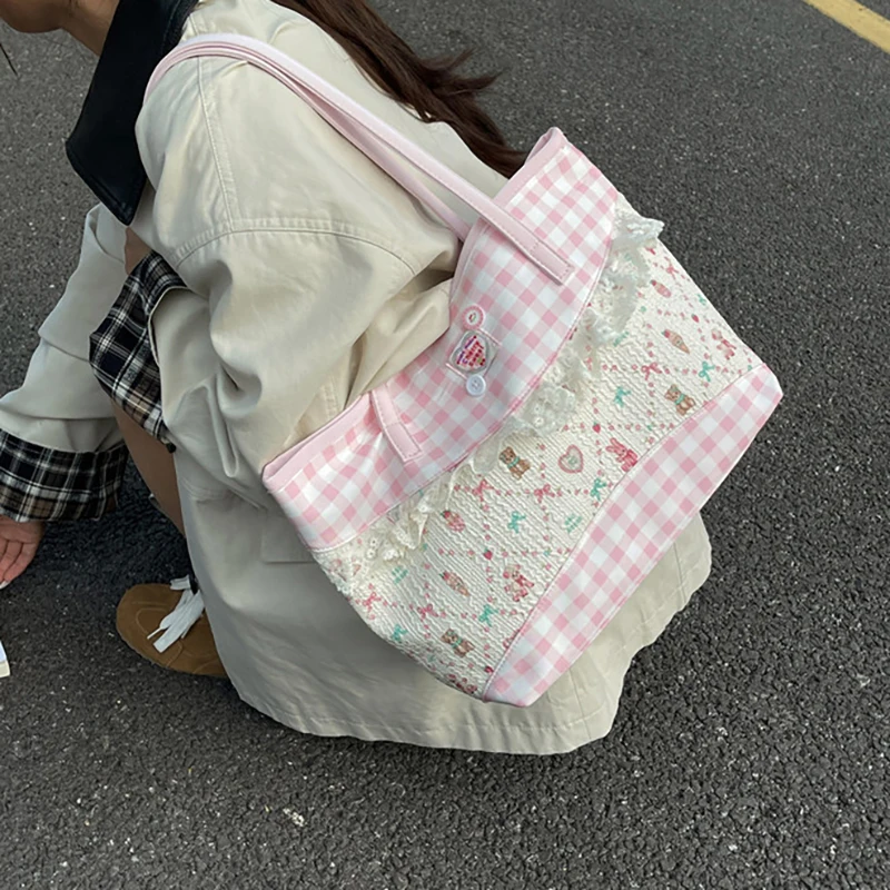 

Richme Lolita Women Tote Bags 2025 Sweetly Lace Patchwork Shoulder Bag Female Plaid Large Capacity Elegant Commute Bolso Mujer