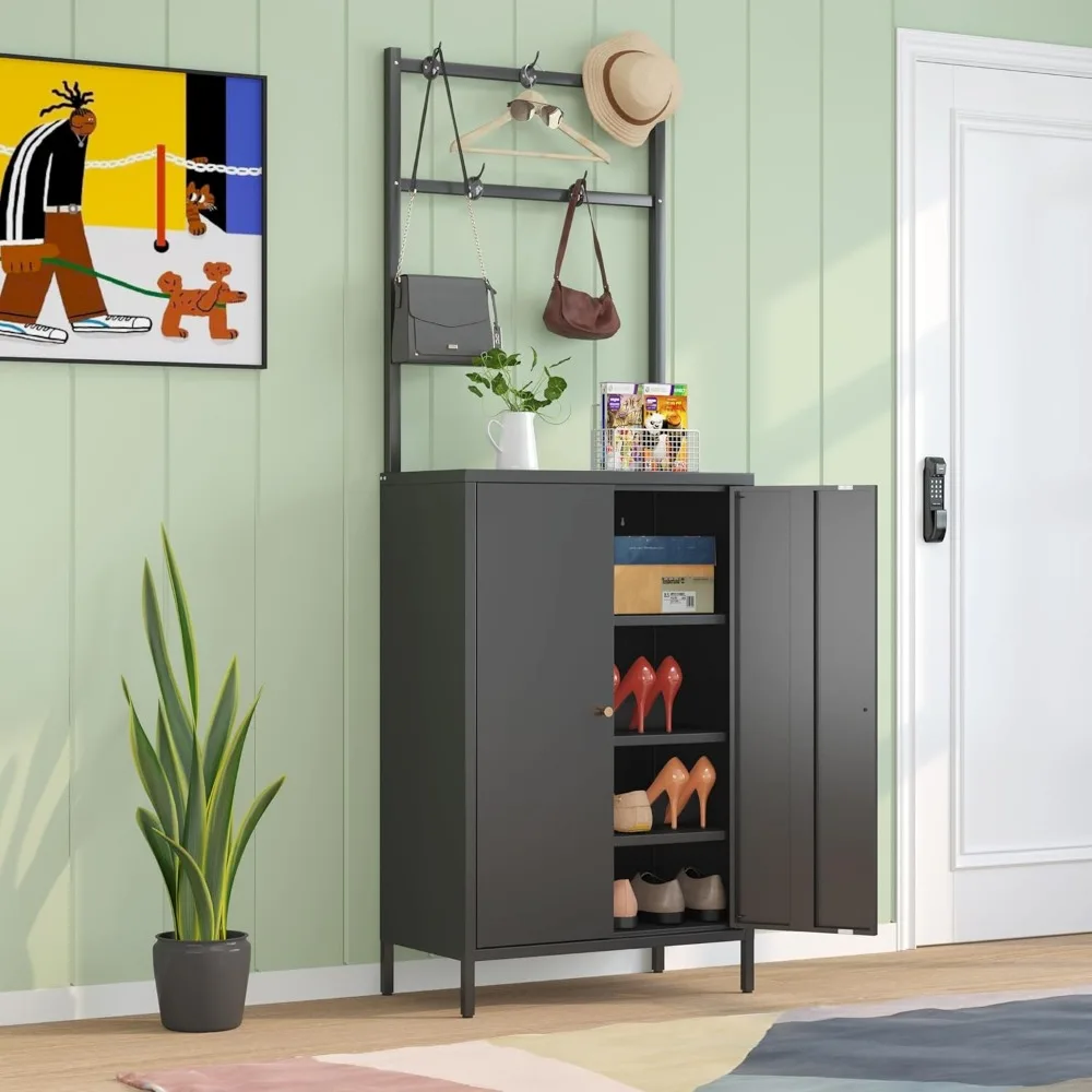 

Shoe Cabinet,Shoe Cabinet with 3 Adjustable Shelves & Coat Rack,Farmhouse Shoe Storage Cabinet with Doors,Metal Shoes Rack Organ