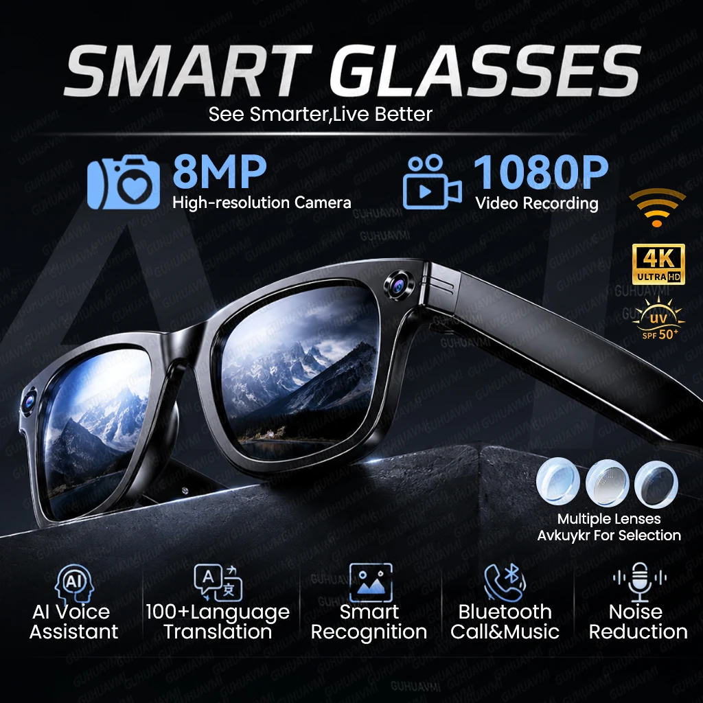 2026 New AI Smart Glasses 120+Language Translation 800W Pixel Camera Video 32GB Memory Call Business 8K Photochromic Glasses Men