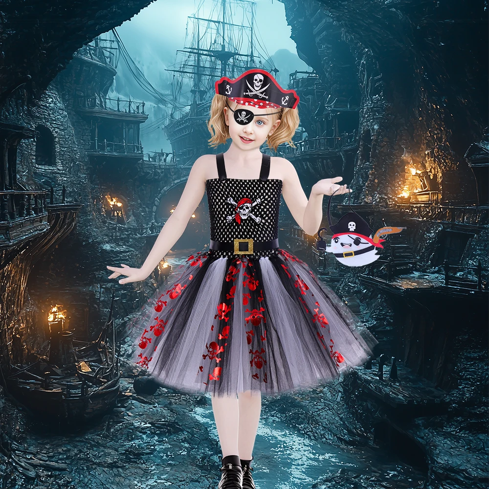 Black White Girls Pirate Costume Tutu Dress Kids Cosplay Costume for Halloween Party Dresses Girl Tulle Dress Fancy Dress