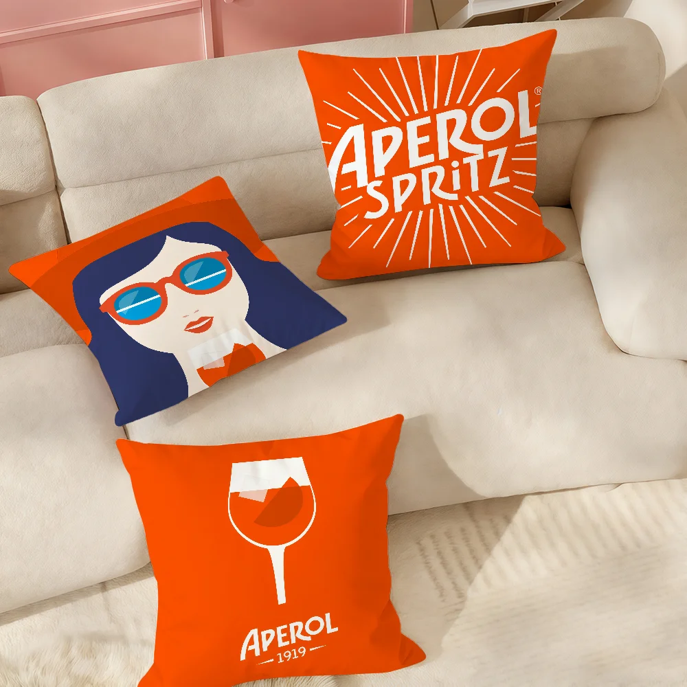 Retro Aperol Spritz Cocktail Pillow Cover, Orange Lady Cartoon Illustration Decorative Polyester Cushion Case for Bar Living Roo